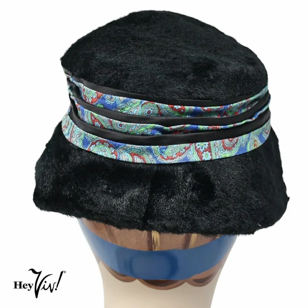 Vintage Black Plush Bucket Hat w Paisley Black Satin Trim and Bow - Hey Viv